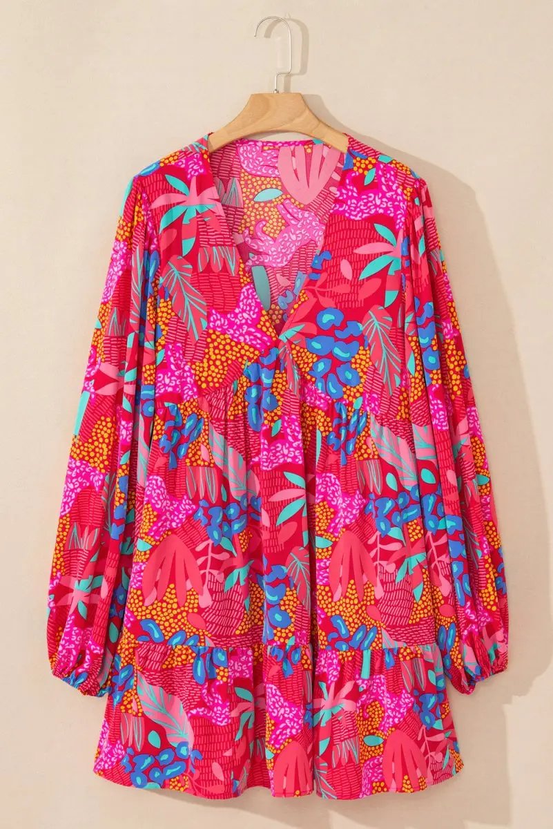 Rose Tropical Printed Lantern Sleeve V Neck Ruffled Plus Size Mini Dress - Love Salve